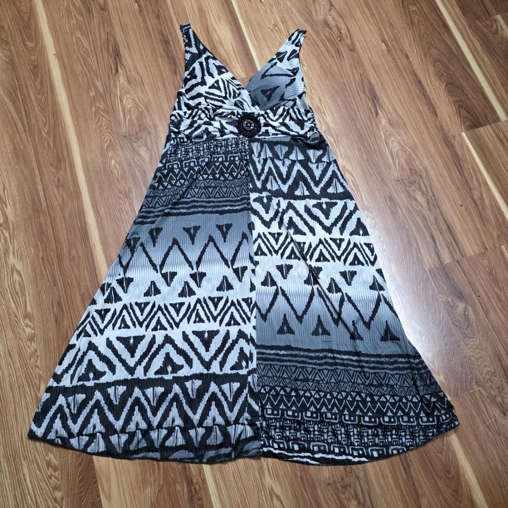 Jessica Taylor Dress Womens XL Tribal Print Maxi Sleeveless Beaded Boho Formal